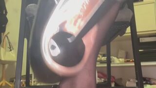 The goddess wore black silk high heels and used a stern tone to make the loser sperm.