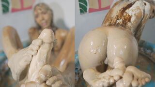 Very messy foot masturbation