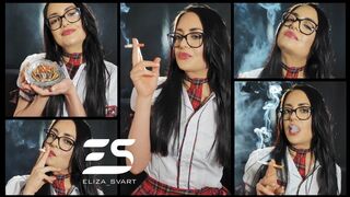 Smoking in a cute school uniform, juicy pink lipgloss and glasses