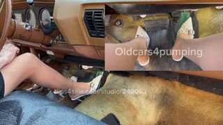 White high heeled mules showing my Buick who’s boss! REVVING IT!