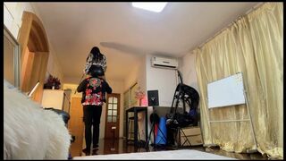 Boots Queen master ponyplay and shoulder ride standing on her ponyboy piggyback and spurring and whipping #CL018