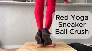 RED YOGA PANTS SNEAKER BALL DESTRUCTION: BLINDFOLDED JOCK CRUSHED & SWOLLEN UNDER HEAVY TREADS