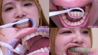 Nina Nishimura - Observing Nina's teeth with a dental mirror & brushing her teeth while wearing a mouth opener & finger toothbrushing while wearing a lip hook - MOV