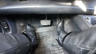 driving in leather high heel boots and leather outfit m02