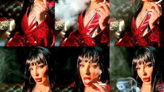 Brunette bimbo smoking a Dunhill International Cork Filter, wearing a snakeskin-print leather coat and black nails