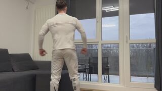 Muscle hunk burps from protein and flexes muscles