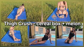 Thigh Crushing Power: Cereal Box Destruction + Melon Bonus!