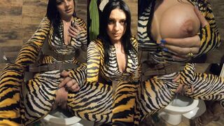 Open Pussy Jumpsuit Pee Play. Big Tits, Hard Nipples and Bathroom Fetish