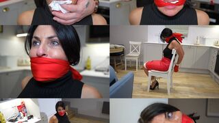 Sarah wild, agent red captured, chair tied and multi gagged with scarves and tape (wmv)