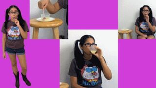 eRica wants to know how many licks it takes to get to the center! She dips her lollipop in cum & then drinks it down!!