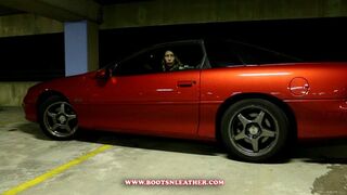 Cassandra Laine Red Crotch High Leather Boots Parking Deck Waiting Camaro SS (MP4)