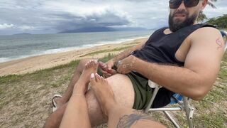 Hand job, wank, masturbation & jerk off on feet in public on the beach 1080p