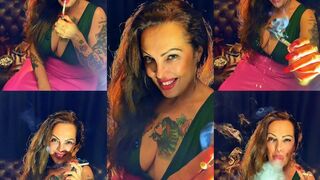 Beautiful Stepmother in leather and pink lipstick, and her creamy smoke — Dunhill White 100