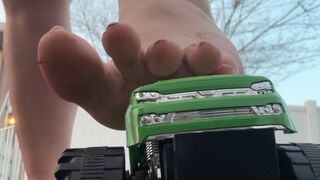 Bratty bbw giantess plays with and crushes tiny monster truck car using bare feet and rips it apart with her dirty toes outside on the pavement