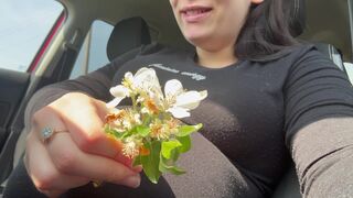 My stepsister sneezes from flowers and gets in the car so the scent of the flowers can reach her nose better and cause an allergic reaction that will make her sneeze. then masturbates in the car