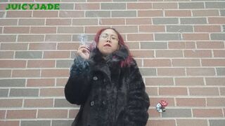 Smoking an all white cigarette in vintage fur jacket when snowing vol 115