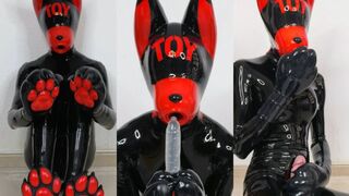Silicone toy cums with silicone paws and latex catsuit