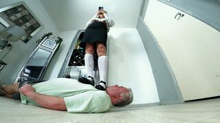 Schoolgirl Stood On Him In Long Socks & A Grey Pencil Skirt FLOOR CAM (4K)