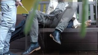 A bench encounter turns into a public piss humiliation