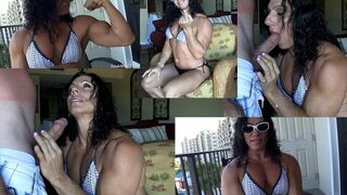 Muscle Girl Worships His Cock at the Beach