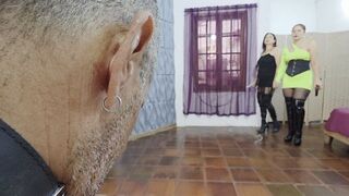 Insane whipping by Katherine and Nicolle in sexy dresses pantyhose and punishment boots