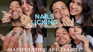 Long nails manipulating slave to lick them and swallow my spit!! I like to play with slave's mouth like this....