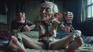 Bizarre Alien Tied Up on Bed - Beautiful Feet & Puffy Pussy