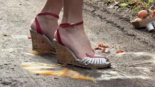 Messy wedge shoes crush, food crush by wedgies, eggs crush, milc pods crush, tomatoes crush