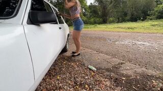 Jarlyn has a hard time getting out of the old Chevette in her flat shoes