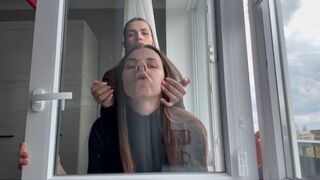 Alina and Nastya are smushing their faces against the glass (custom video)