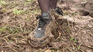 Sneakers in mud, dirty sneakers, nike air one in mud, wrecked sneakers, making sneakers muddy, sneakers on the muddy field