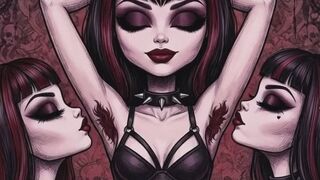 sexy model animated babe with bushy hairy armpits has her pits licked and smelled by two kinky lesbian friends