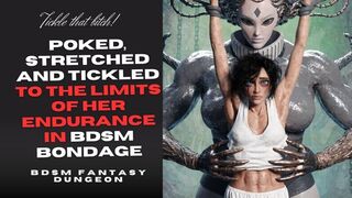 naughty dark haired muscled Slave girl is poked and tickled hard in her boobs and belly and pits to the limit of her endurance in BDSM bondage by mechanical mistress