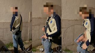 Amateur boy caught taking his lovely fat cut cock out of his jeans and pissing in the street copy