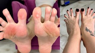 Long toes spreading, toe spread close ups in two different angles, bare feet with black toenails polish (2688x1512)