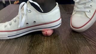 Cock trampling and orgasm with sneakers