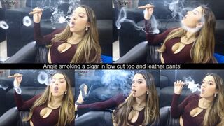 Angie smoking a cigar in low cut top and leather pants!