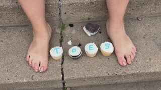 Plump n bratty celebrating foot month by smashing some cupcakes with her big feet outside on the concrete
