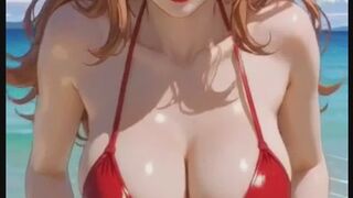 Cute redhead bikini moaning on beach, AI animation