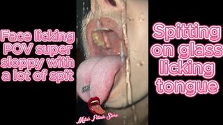 Sloppy face licking POV with a lot of spit and drool hard tongue pushing close up