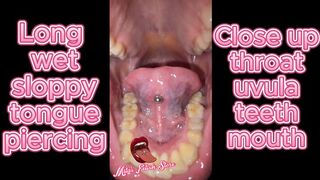 Extream close up to Mila's sexy mouth long tongue with piercing throat and uvula