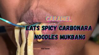 Caramel Eats Spicy Carbonara Noodles Mukbang