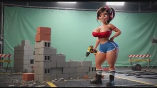 Curvy Builder Babe Strips and Poses Seductively with Drill in Studio Session AI generated