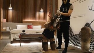 BC04-The fox girl, suspended upside down, bound, kneeling, walking on ropes. Climax.