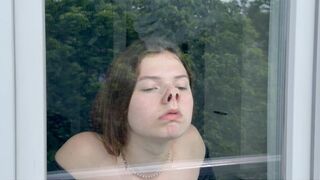 Lisa slides her face against the glass, cute piggy nose (custom video)