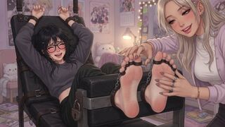Tickling - popular girl tickles the shy girl's feet and soles in crazy pajama party prank
