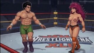 Mixed wrestling cartoon style AI: Barbra vs Logan FULL