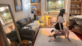 Ponyplay and pony ride with two underwear stockings ponygirls lesbian and crawling in home #CH073S