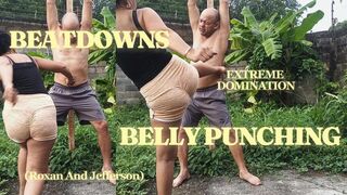 This woman gives a man a good beating, kicking and hitting him (T)