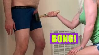 BALLBUSTING with a hammer and baseball bat! I clang his cowbells hard!